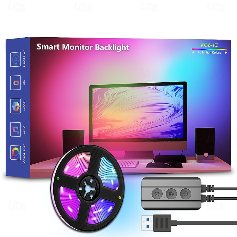 Smart Monitor Backlight Strip, RGBIC Addressable Dream Color LED Strip Light Syncs with Screen Display for Computer and TV, Colorful E-Sports Ambient Lighting, 30 LED Beads/Meter for Enhanced Gaming Experience