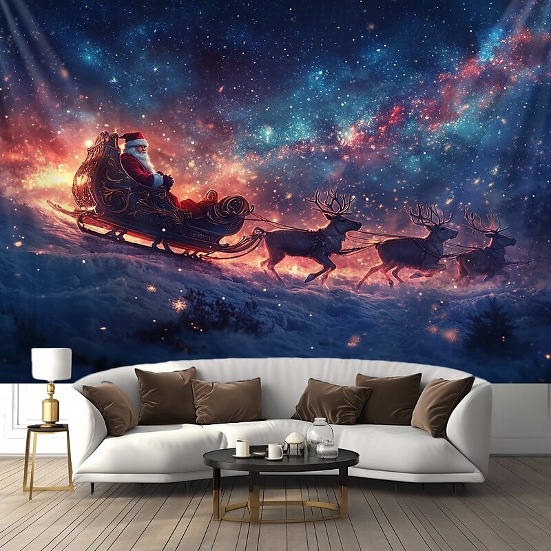Christmas Decorations Hanging Tapestry Wall Art Xmas Deer Santa Claus Sleigh Large Tapestry Mural Decor Photograph Backdrop Blanket Curtain Home Bedroom Living Room4