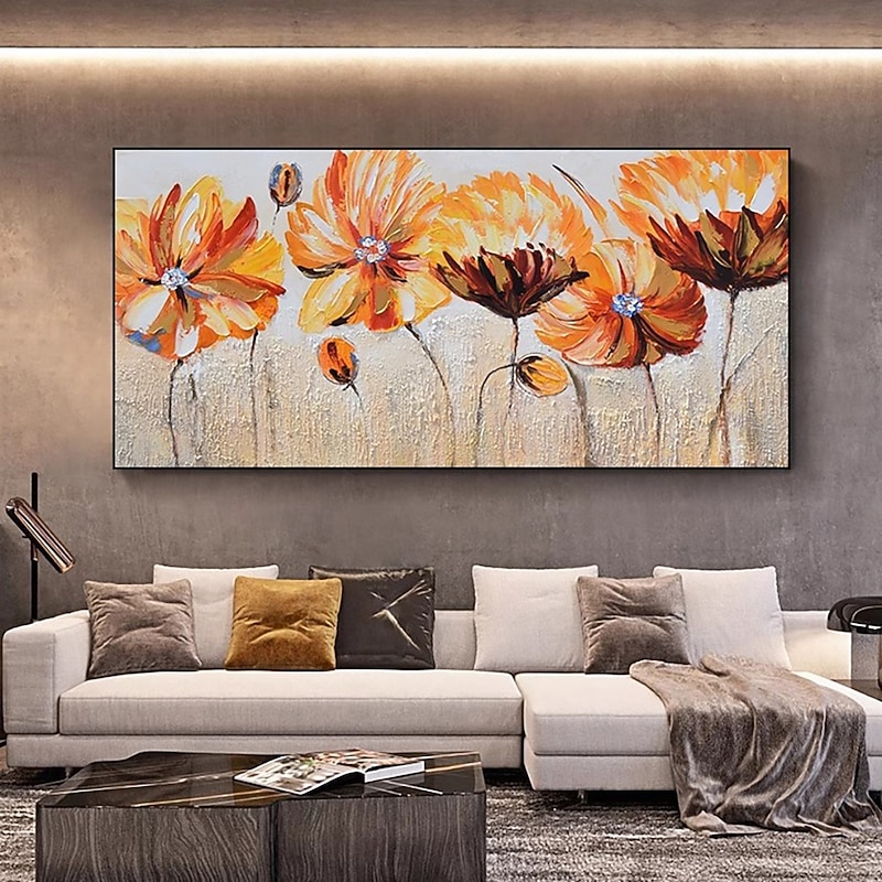 Handmade Oil Painting Canvas Wall Art Decoration Modern Abstract Texture  Big Orange Flower for Living Room Home Decor Rolled Frameless Unstretched Painting