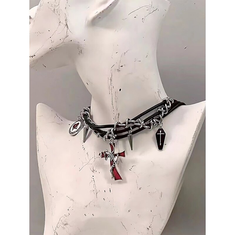 Gothic Punk Chain Necklace with Spiked Cross Pendant, Black and Silver Statement Jewelry for Halloween, Cosplay, and Alternative Fashion4