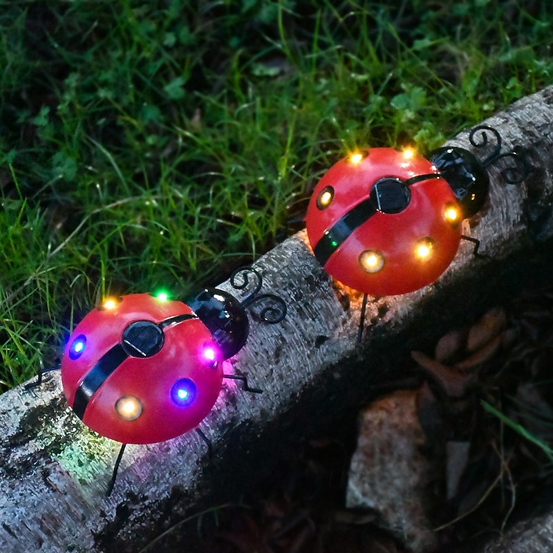 Solar Iron Ladybug Decorative Light, Creative Seven Star Design Outdoor Garden Simulation Animal Wall Hanging Courtyard Light for Patio Decorations 1pc