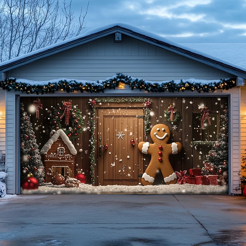 Christmas Outdoor Garage Door Cover Xmas Banner Gingerbread Candy House Large Christmas Backdrop Decoration for Holiday Outdoor Garage Door Home Wall Decorations4
