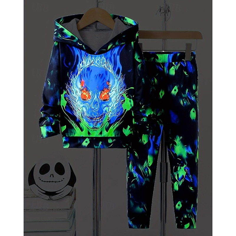 Boys 3D Graphic Skull Sports Suit Hoodie Set Tracksuits Long Sleeve Spring Fall Daily Casual Tights Kids 4-12 Years Hooded Outdoor Vacation Sports Tailored Fit2