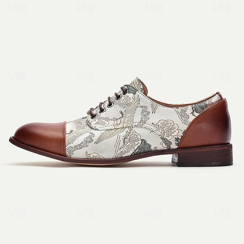 Men's Faux Leather and Jacquard Oxford Shoes - Vintage Lace-Up Dress Shoes with Crane Print for Formal and Casual Wear3