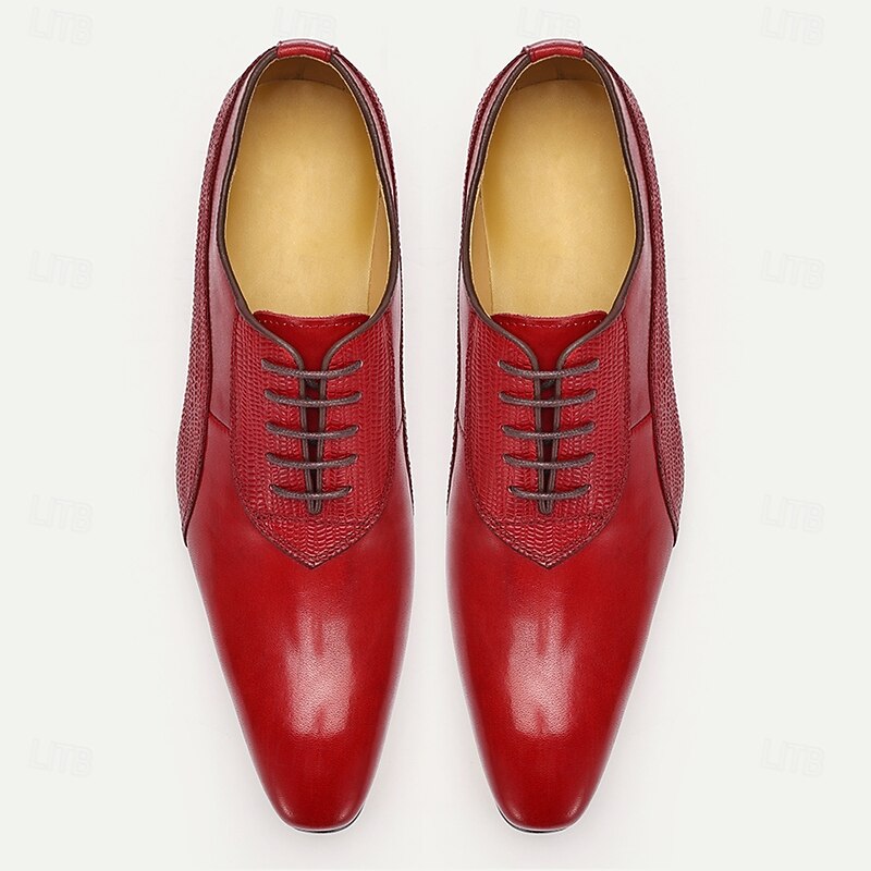 Men's Red Premium Cowhide Oxford Shoes - Classic Lace-Up Formal Leather Dress Shoes with Textured Details for Christmas,Special Occasions4