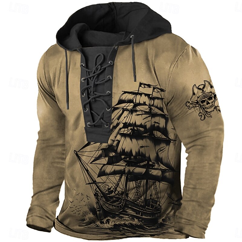 Men's Haunted Pirate Ship Pirate Hoodie Hoodies Sweatshirt Fashion Cool Long Sleeve Hooded Sports Outdoor Blue Brown Drawstring Fall Winter Designer4