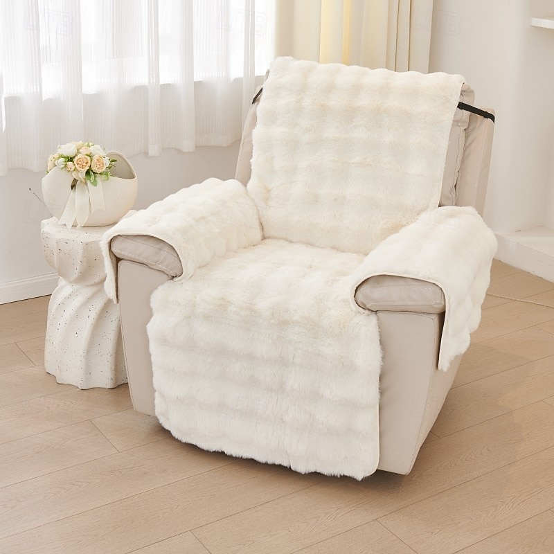 Plush Recliner Slipcover Home Faux Fur Fluffy Recliner Chair Slipcover Non Slip Back Fuzzy Fluffy Reclining Couch Cover Soft Comfort Sofa Slipcover Washable Furniture Protector