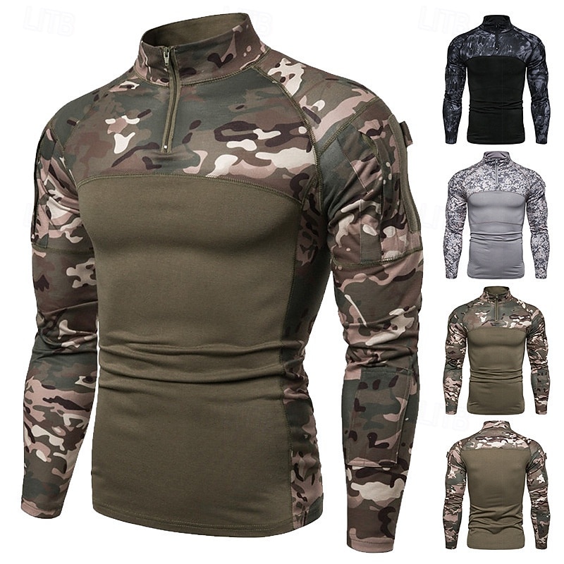 Men's Outdoor Shirt Hiking Shirt Tactical Military Shirt Long Sleeve Quarter Zip Top Outdoor Breathable Soft Polyester Patchwork Black Army Green Grey Gym Climbing Camping / Hiking / Caving