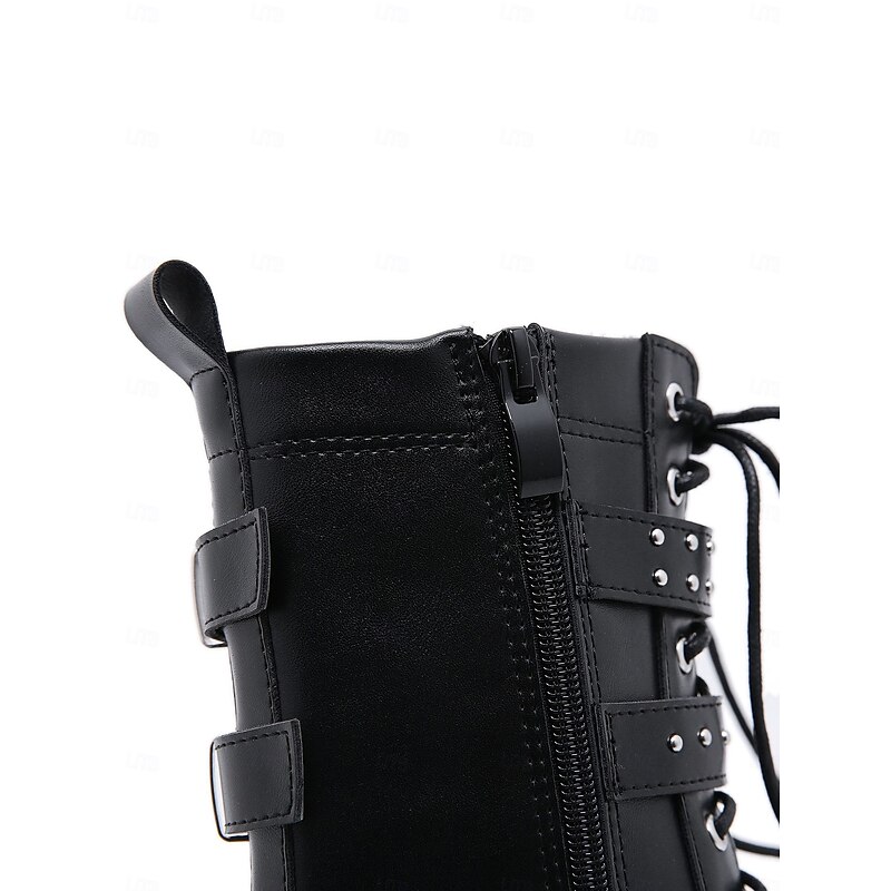 Women's Black Platform Combat Boots with Studded Buckle Straps, Punk Gothic Motorcycle Boots for Cosplay and Streetwear 6