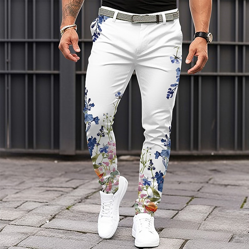 Men's Floral Dress Pants Mid Waist Vintage Casual Formal Dailywear Pocket Summer Spring Fall White