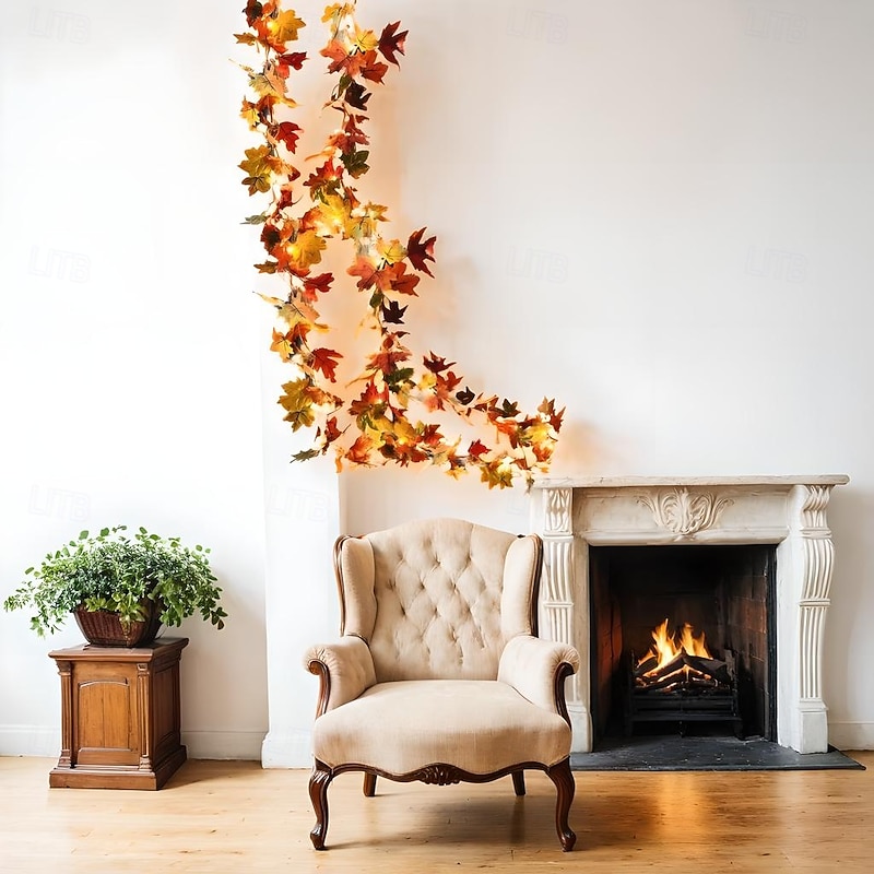 1.7M 20 LEDs Fall Maple Leaf Rattan LED String Lights, Thanksgiving Harvest Autumn Festival Decorative Lights (Battery Not Included) for Halloween Holiday Party, Garden 2/5pcs