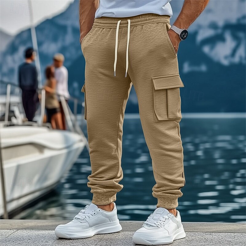 Men's Fleece Pants Sweatpants Joggers Trousers Cargo Sweatpants Drawstring Elastic Waist Multi Pocket Plain Comfort Warm Full Length Outdoor Casual Daily Sports Fashion Black Khaki2