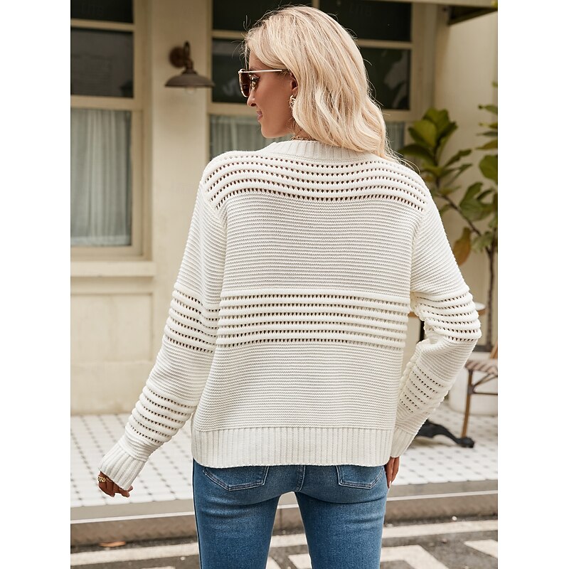 Women's Sweater Daily Casual Solid Color Crew Neck Hollow Out Crewneck Long Sleeve Regular Tops Knit Formal Work Weekend White Pink Fall Winter3