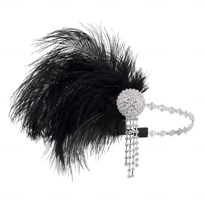 Vintage 1920s Black Feather Headband – Rhinestone and Crystal Gatsby Flapper Headpiece for Special Occasions, Costume Parties, or Weddings3