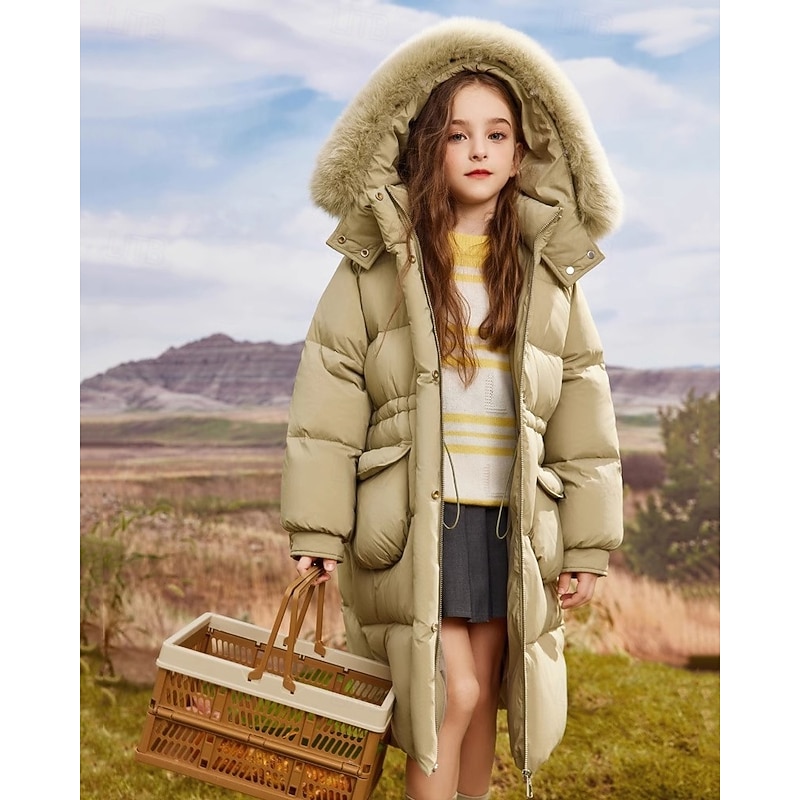 Kids Girls' Down Coat Puffer Jacket Solid Color Fashion Pocket School Coat Outerwear 4-12 Years Fall Black Army Green3