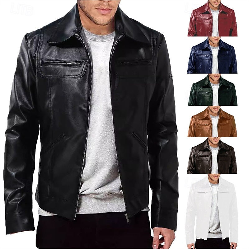 Men's Faux Leather Jacket Biker Jacket Red Leather Jacket Motorcycle Jacket Daily Vacation Windproof Warm Pocket Fall & Winter Plain Fashion Classic Lapel Regular Faux Leather Black White Wine Dark