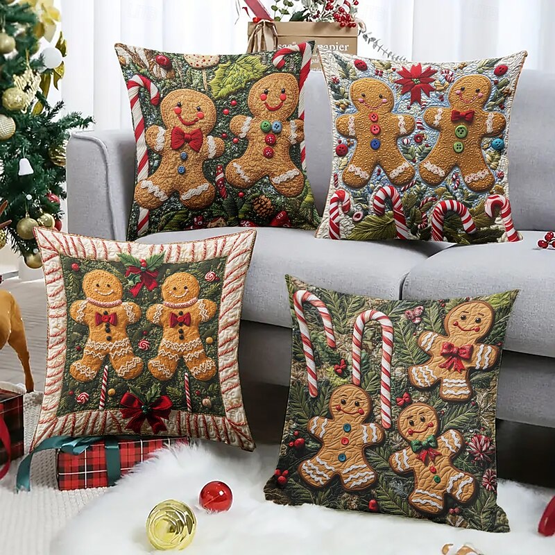 Christmas Decorations Decorative Toss Pillows Cover 1PC Quilting Gingerbread Man Soft Square Cushion Case Pillowcase for Bedroom Livingroom Sofa Couch Chair