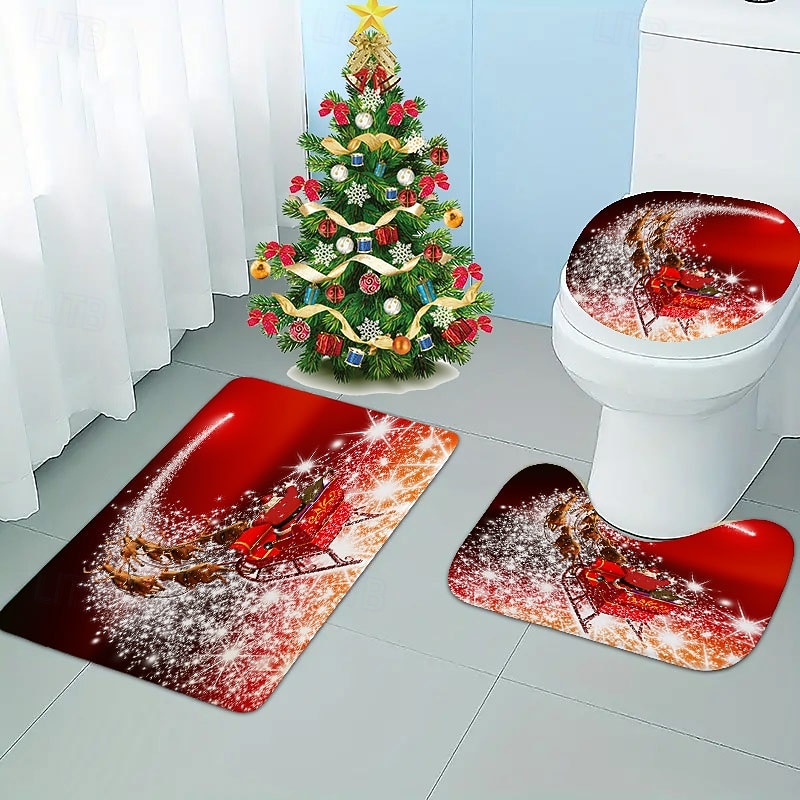 3 Pieces Christmas Bathroom Rugs and Mats Sets Xmas Non Slip Water Absorbent Bath Rug,Toilet Seat/Lid Cover,U-Shaped Toilet Mat,Home Decor Doormats Animal Bear Footprints4