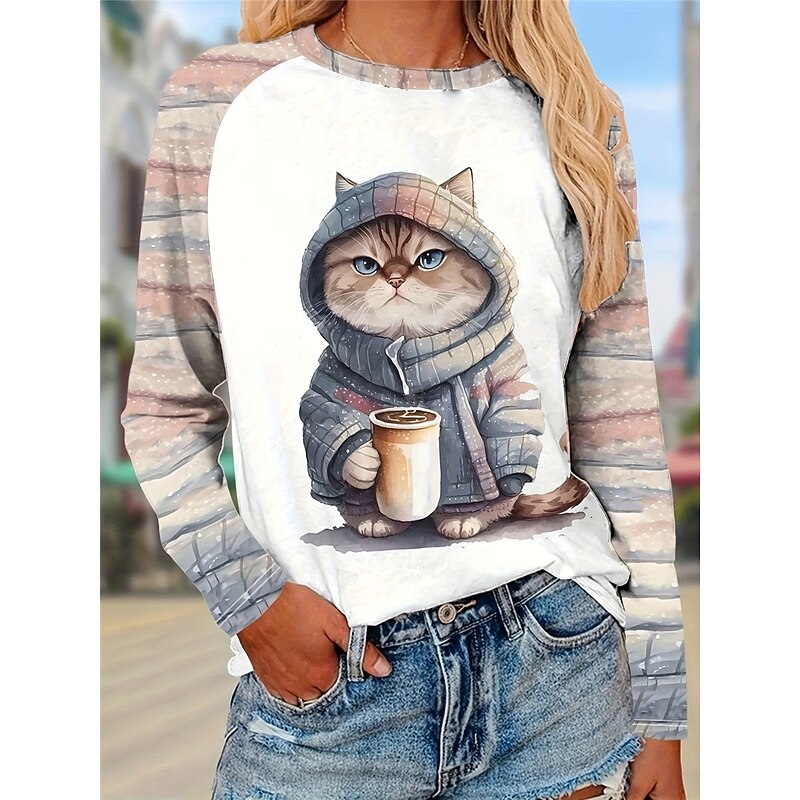 Women's T Shirt Casual Print Long Sleeve Long Tops Crew Neck Daily Khaki Spring &  Fall