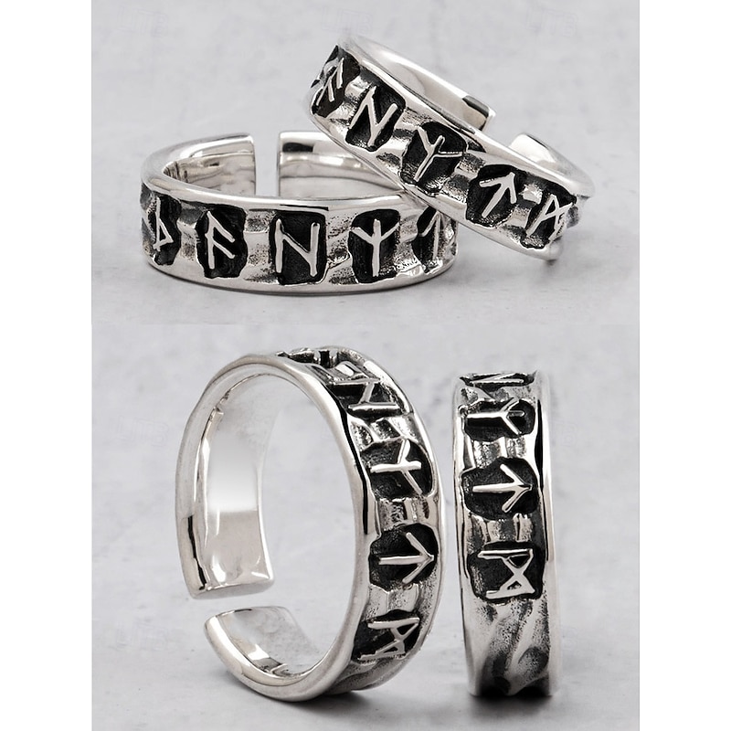 Men's Silver-Tone Adjustable Ring with Engraved Symbols, Vintage-Style Statement Jewelry for Casual and Gothic Fashion4