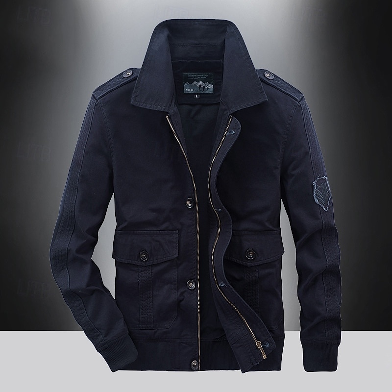 Men's Cargo Jacket Transition Jacket Going out Wearproof Pocket All Seasons Plain Classic Lapel Regular Navy Blue Khaki Army Green Jacket2
