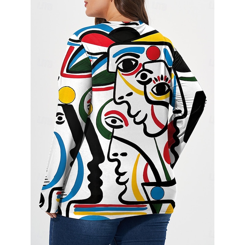 Women's Plus Size Tops T shirt Tee Abstract Print Long Sleeve Crew Neck Casual Daily Fall Winter White Pink2