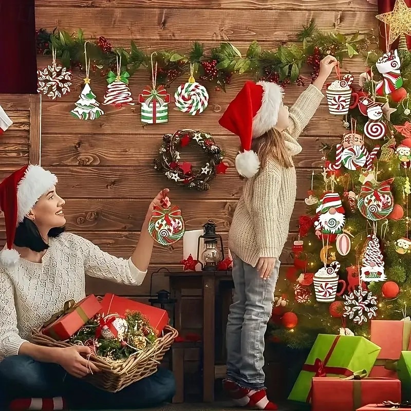 24pcs Christmas Wooden Ornaments, Xmas Tree Pendant Decoration - Vintage Wooden Peppermint Candy Canes, Snowmen, Gnomes, and Santa - Perfect for Tree or Home Holiday Decor2