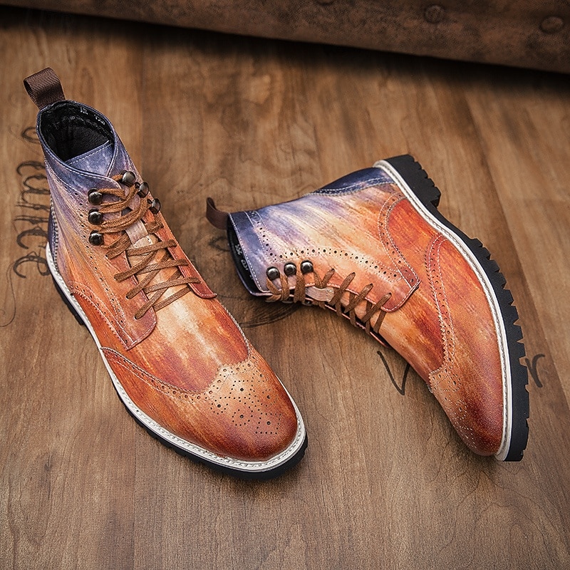 Men's Hand-Painted Brogue Ankle Boots with Lace-Up Design, Faux Leather Upper, and Rugged Sole – Stylish Vintage Casual Footwear4