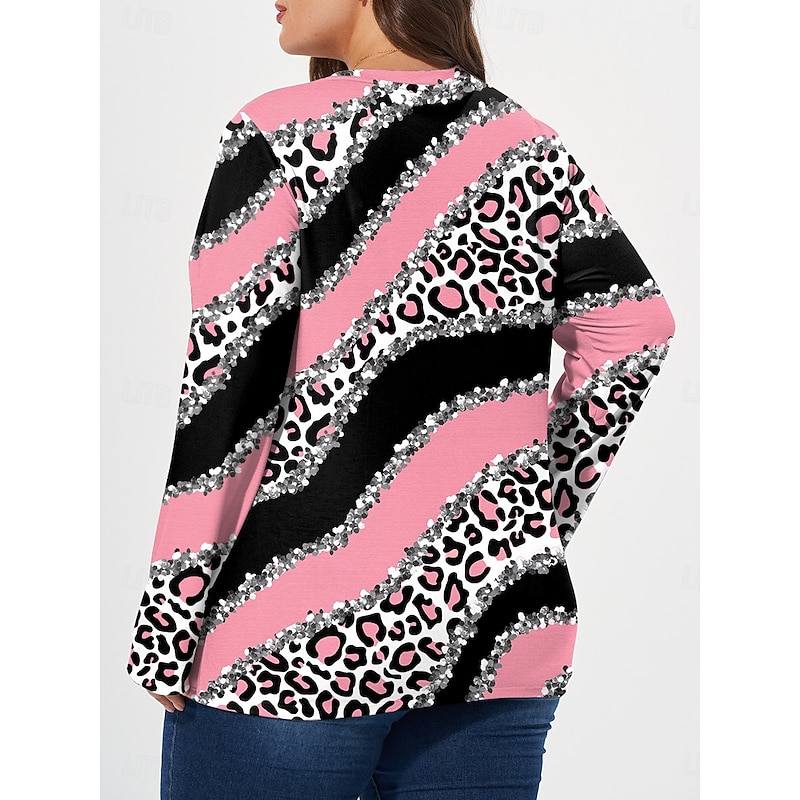 Women's Plus Size Tops T shirt Tee Leopard Color Block Print Long Sleeve Crew Neck Casual Daily Fall Winter Pink Prefall2