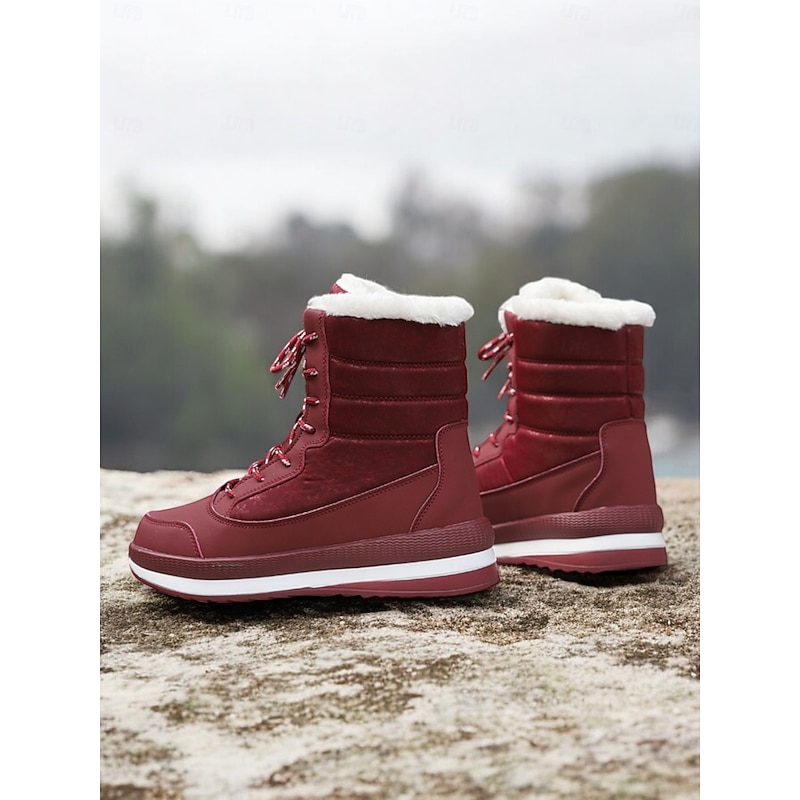 Women's Red Lace-Up Waterproof Winter Boots with Plush Lining and Non-Slip Sole – Stylish Snow Boots for Cold Weather2
