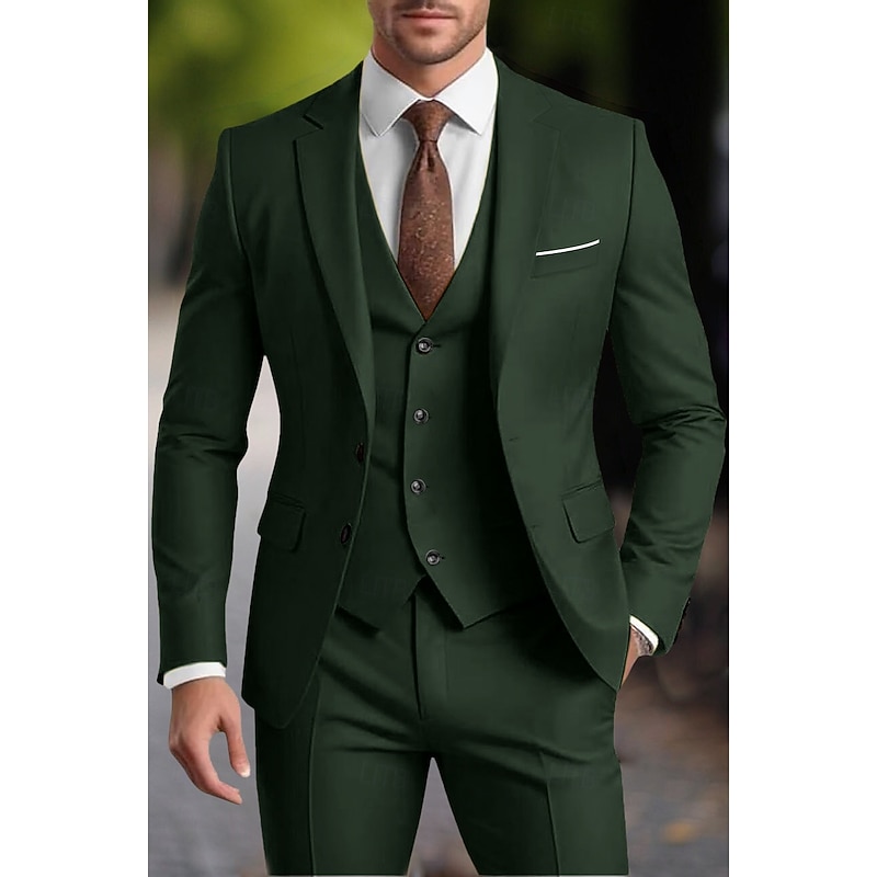 Men's Wedding Party Evening Wear Suits Notch Lapel Burgundy Dark Green Fashion Business Solid Colored Standard Fit 3 Piece Single Breasted Two-buttons