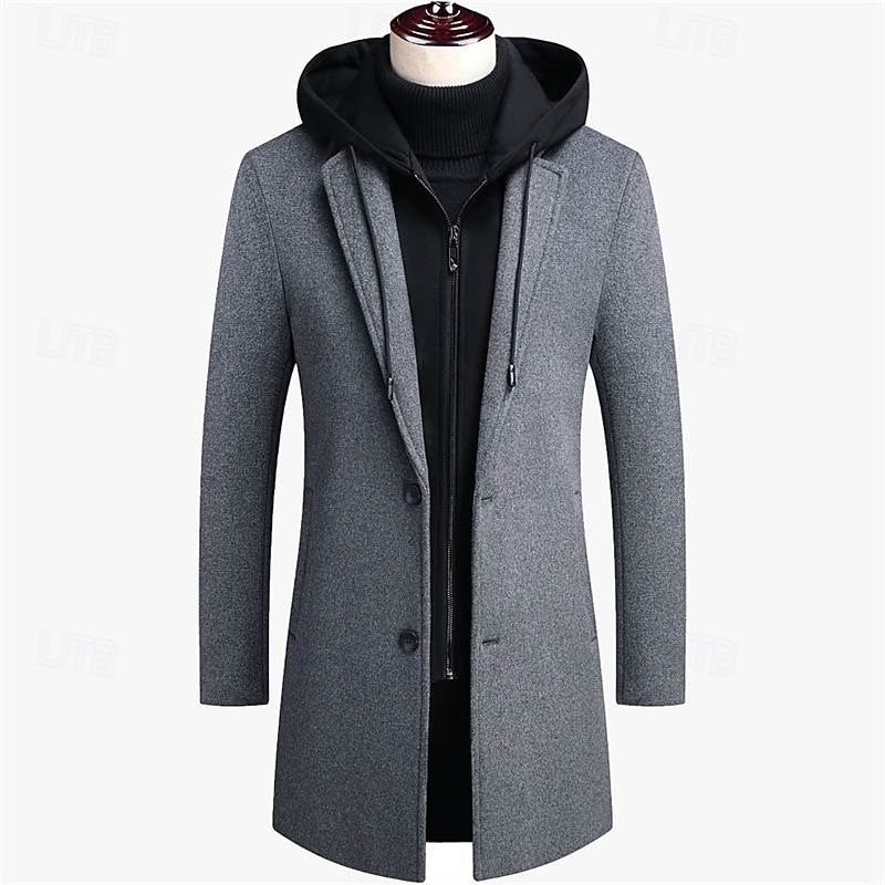 Men's Wool Coat Overcoat Trench Coat Long Trench Coat Daily Vacation Fall & Winter Wool Thermal Warm Windproof Outerwear Clothing Apparel Fashion Classic Color Block Pocket Hooded Single Breasted