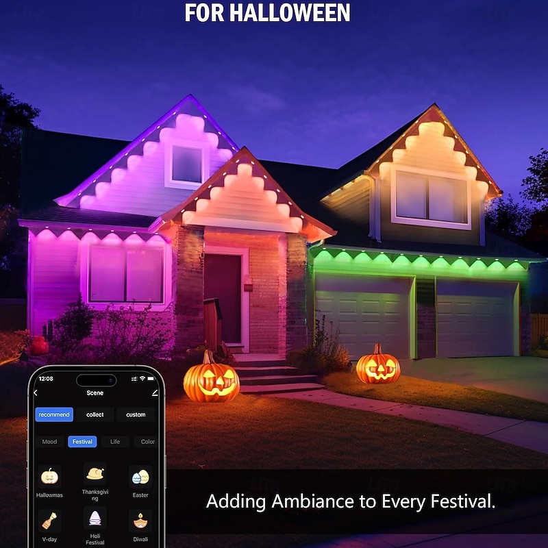 LED Smart Light Tuya WiFi Intelligent Waterproof RGBIC Eave Lights, Permanent Outdoor String Light Available in 10M 20LEDs 15M 30LEDs 30M 60LEDs and 45M 90LEDs