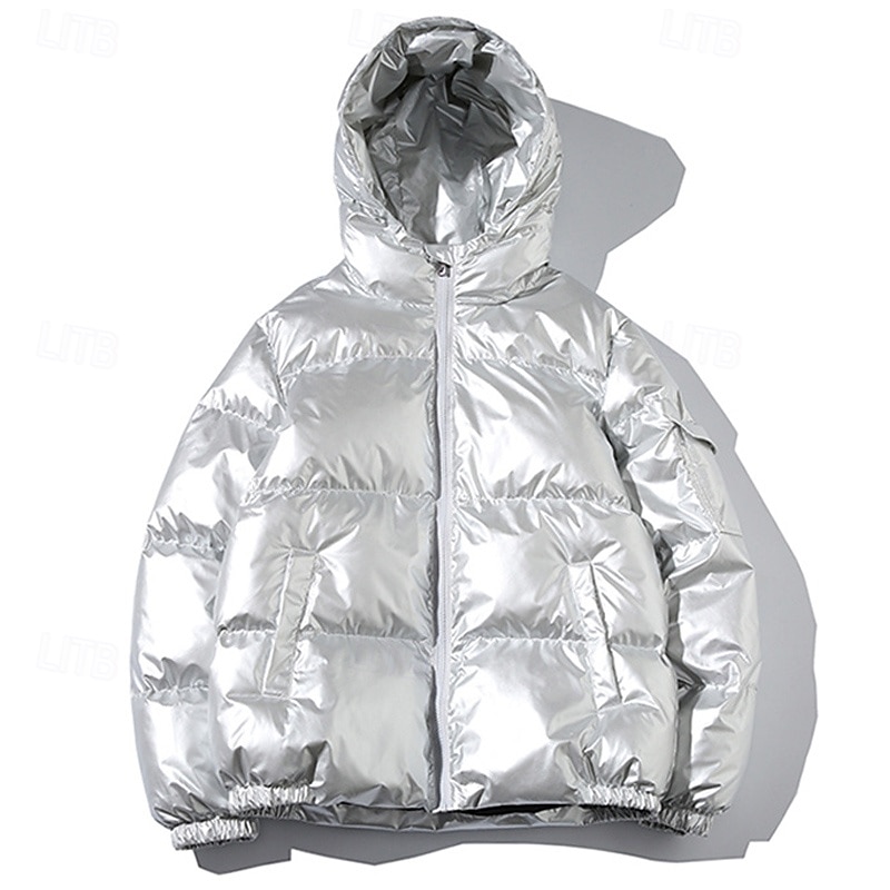 Men's Winter Coat Puffer Jacket Padded Jacket Pocket Polyster Daily Wear Date Vacation Regular Fashion Casual Comfortable Thermal Warm Fall & Winter Solid / Plain Color Silver Black Navy Blue Gold