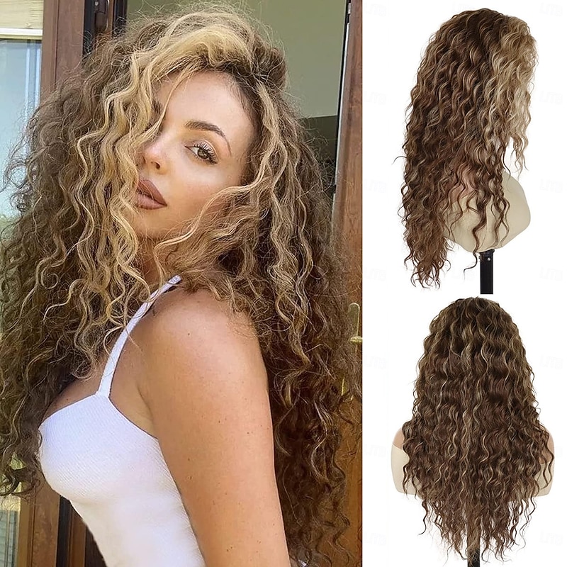 Wig Long Wavy Curly Wigs for Women with Highlight Bangs Free Part Root Fluffy Synthetic Costume Party Carnival Wig