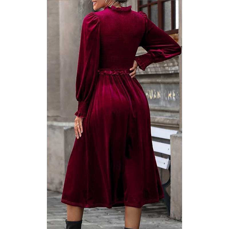 Women's Maxi Dress Velvet Burgundy Long Sleeve V-Neck Elastic Waist Bohemian Evening Party Fall Winter Clothing Apparel Elegant2