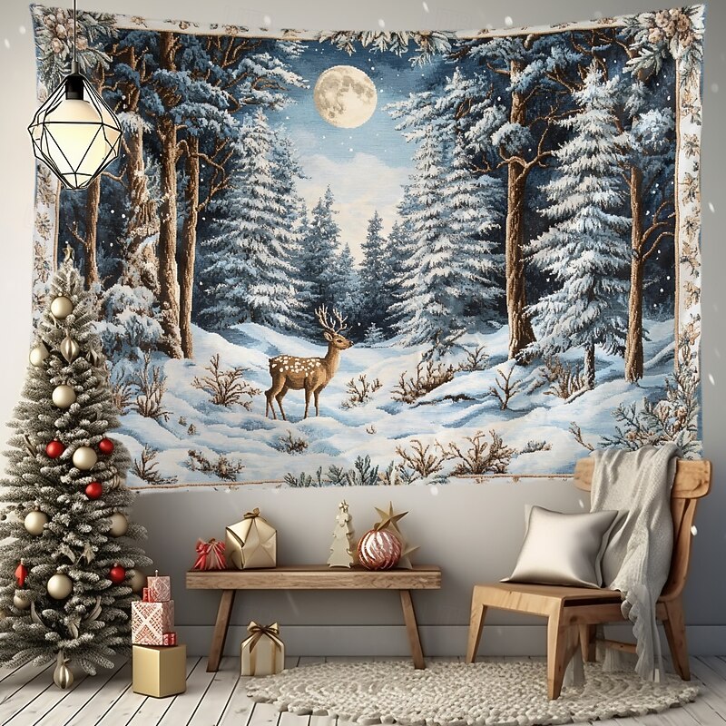 Hanging Tapestry Snow Reindeer Wall Art Large Tapestry Mural Decor Photograph Backdrop Blanket Curtain Home Bedroom Living Room Decoration4