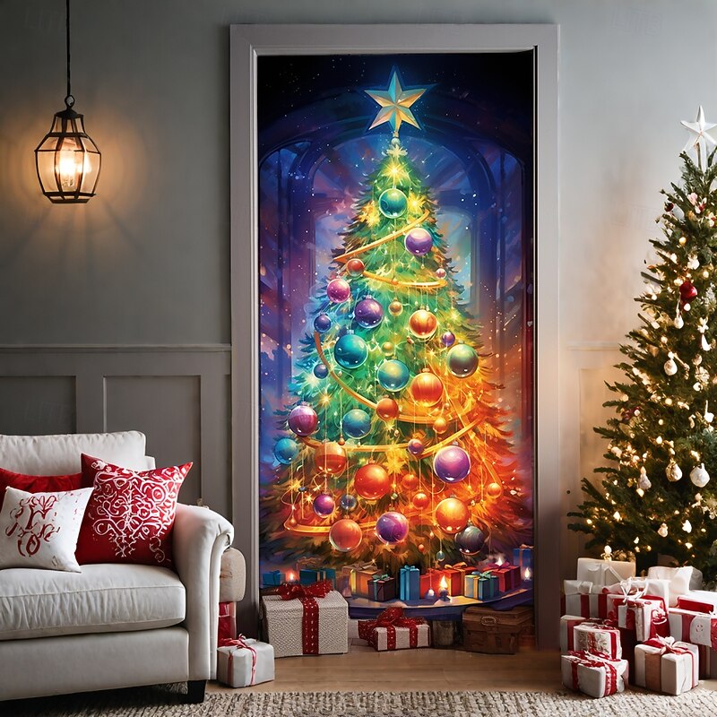 Christmas Door Decorations Door Covers Xmas Tree Door Tapestry Door Curtain Decoration Backdrop Door Banner for Front Door Farmhouse Christmas Holiday Party Decor Supplies Gift Indoor/Outdoor