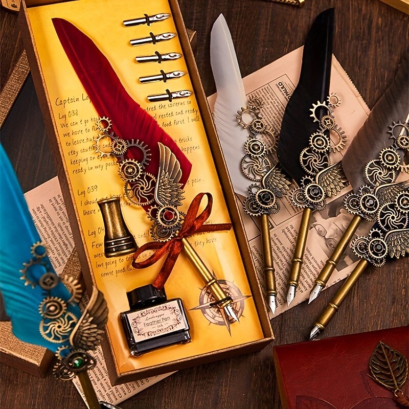 1 Set Gift Box Quill Pen Calligraphy Pen And Ink Pen Set Antique Writing Quilting Ink Dip Pen Mechanical Gear Steampunk Dip Pen For Drawing Signing And Vintage Decoration