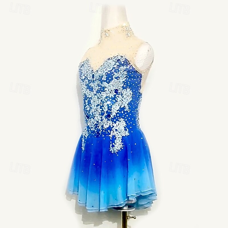 Figure Skating Dress Women's Girls' Ice Skating Dress Blue Patchwork Mesh High Elasticity Training Competition Skating Wear Classic Crystal / Rhinestone Sleeveless Ice Skating Figure Skating3