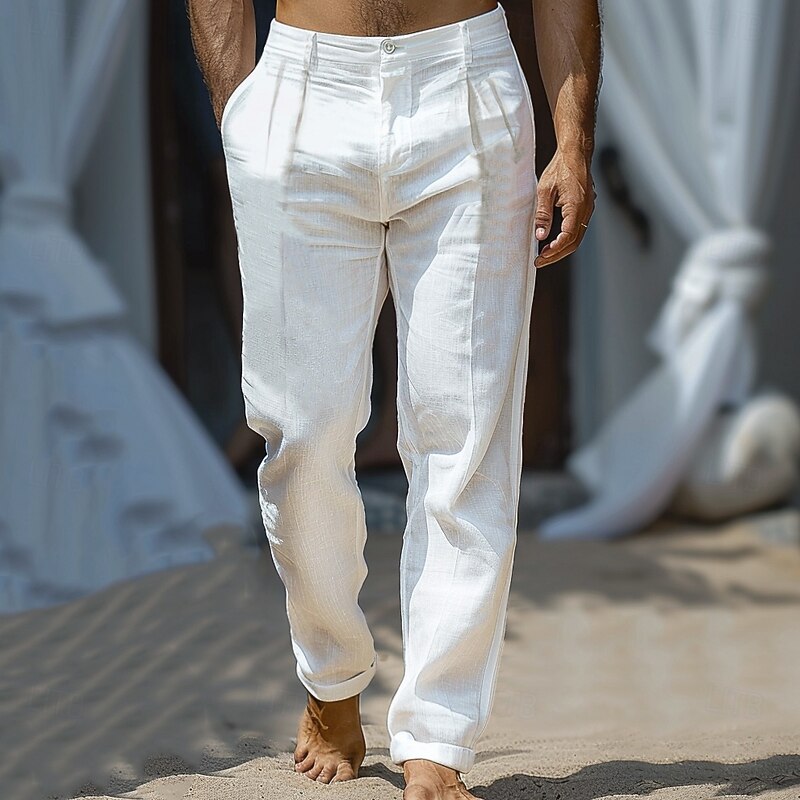 Men's Linen Pants Trousers Summer Pants Front Pocket Straight Leg Plain Comfort Breathable Casual Daily Holiday Fashion Basic White Beige