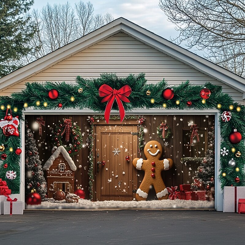 Christmas Outdoor Garage Door Cover Xmas Banner Gingerbread Candy House Large Christmas Backdrop Decoration for Holiday Outdoor Garage Door Home Wall Decorations