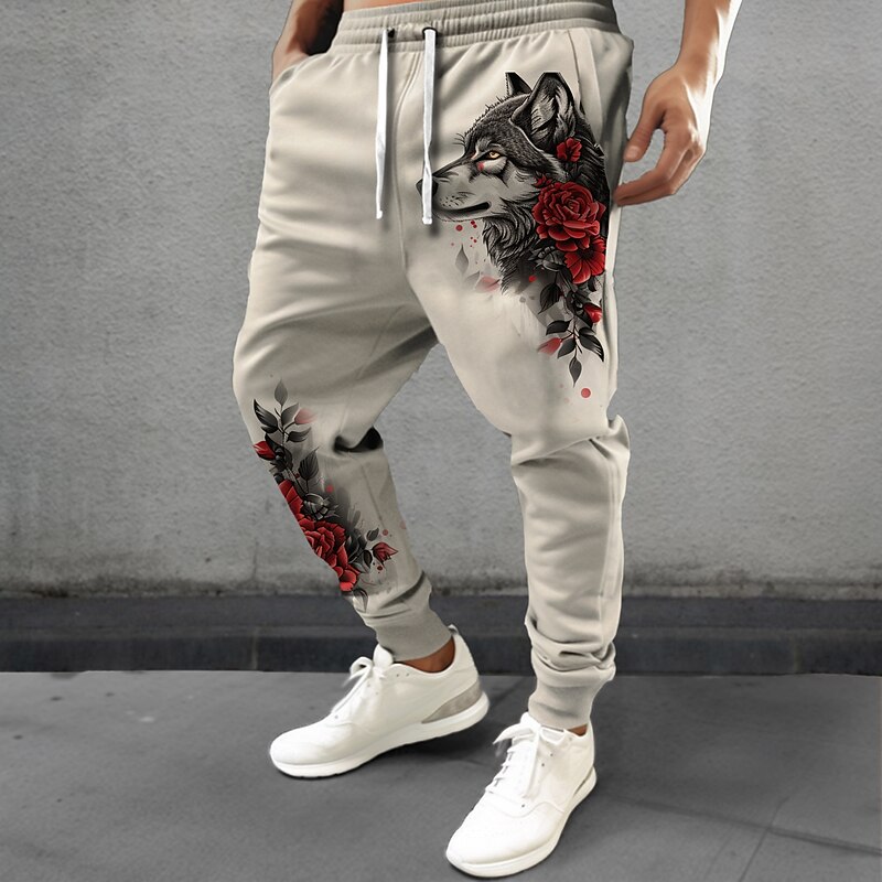 Men's Wolf Rose Sweatpants Joggers Pants Trousers Mid Waist Drawstring Elastic Waist Fashion Casual Party Evening Wear Dailywear Pocket Spring Fall Winter 3D Print White Beige2
