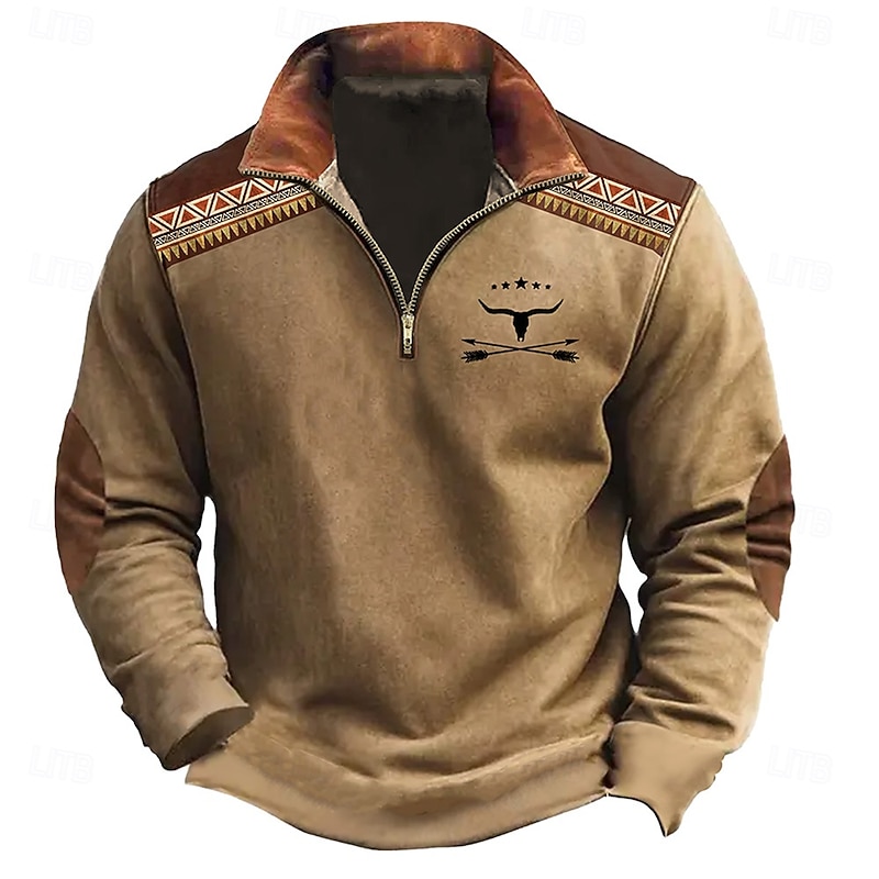 Men's Cow Hunting Sweatshirts Zip Sweatshirt Quarter Zip Sweatshirt Long Sleeve Sweatshirt Half Zip Vintage Retro 3D Printing Going out Climbing Hunting Half Zip Winter Spring &  Fall