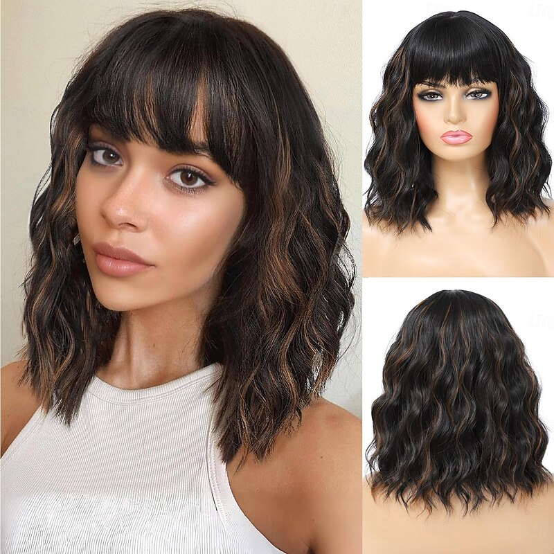 Short Bob Wig with Bangs for Women Natural Looking Heat Resistant Synthetic Fiber Curly Wavy Bob Wigs for Daily Party Use