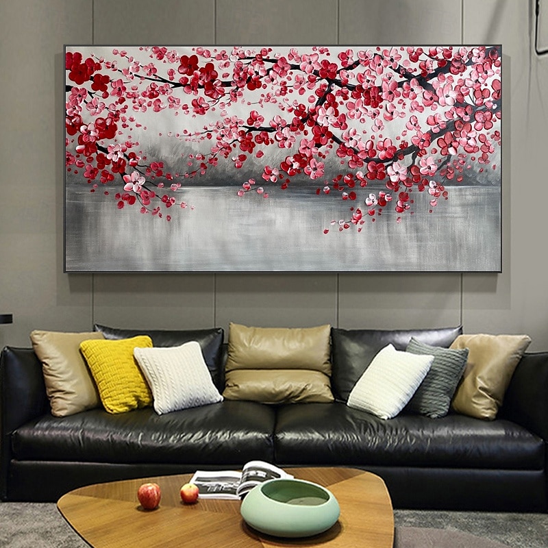 Large Plum Blossom Oil Painting Hand painted Pink Flowers Canvas Wall Art Thick Texture Palette Knife Painting Bedside Art Anniversary Gift Home Decor4