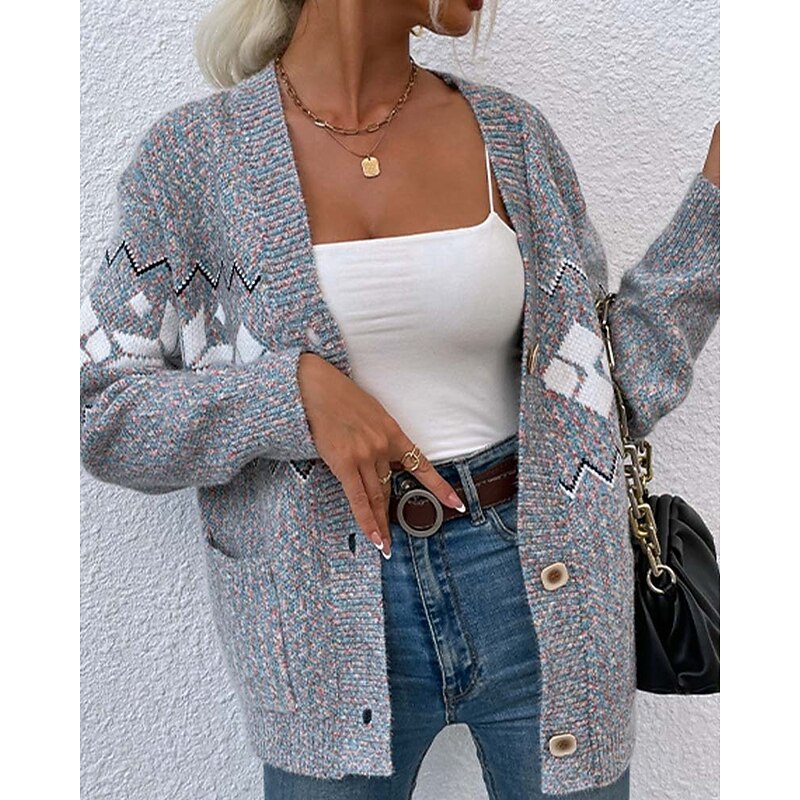 Women's Ugly Cardigan Open Front Knit Knitted Textured Fall Winter New Year Fashion Streetwear Daily Long Sleeve Snowflake Pink Light Grey