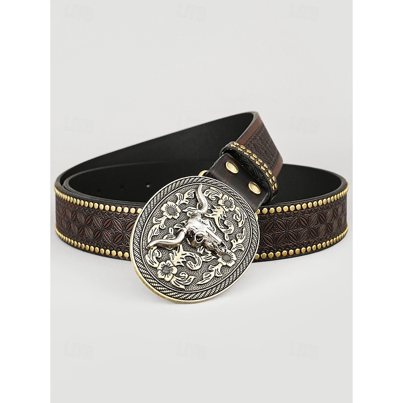 Men's Western Faux Leather Belt with Engraved Floral Design and Bull Skull Buckle – Vintage-Style Cowboy Belt for Rodeo and Casual Wear3