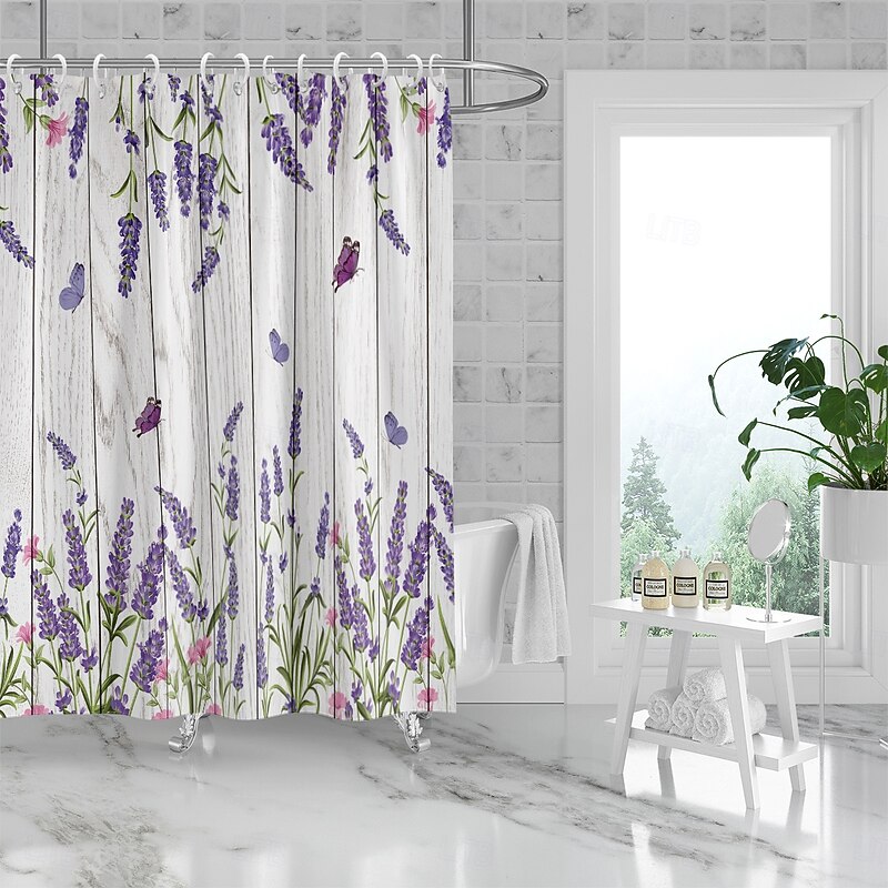 Shower Curtain with Hooks 180cm*180cm(70"*70") Polyester Washable Waterproof Butterfly Lavender Pattern Bathroom Decor3