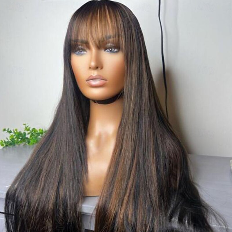 Unprocessed Virgin Hair 13x4 Lace Front Wig With Bangs Brazilian Hair Straight Multi-color Wig 130% 150% Density with Baby Hair Highlighted / Balayage Hair 100% Virgin For Women Long Human Hair Lace